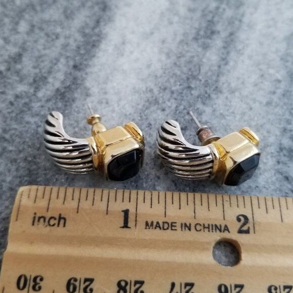 Vintage Black Rhinestone Post Earrings, Silver Tone, Unique Design, Studs - Picture 4 of 5